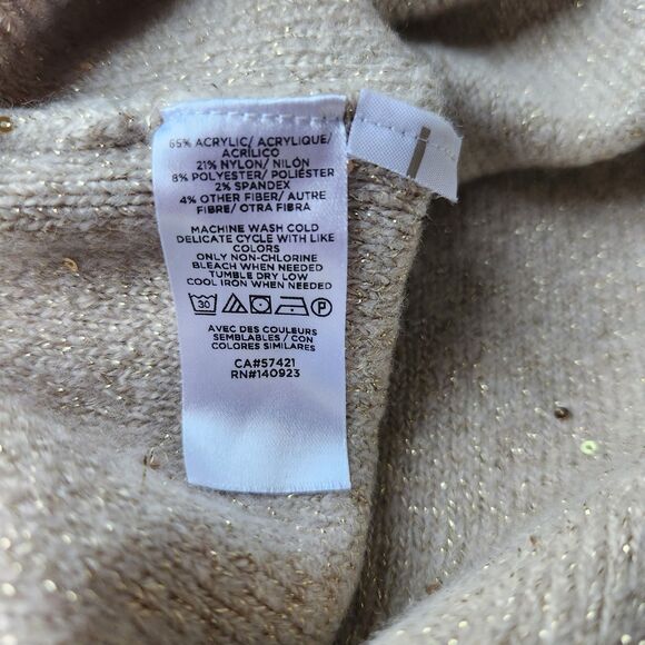 LOFT Gold Sparkle V-neck Sweater Cream/ Beige MEDIUM Puff Sleeve, Knit, Sequins - Picture 5 of 6